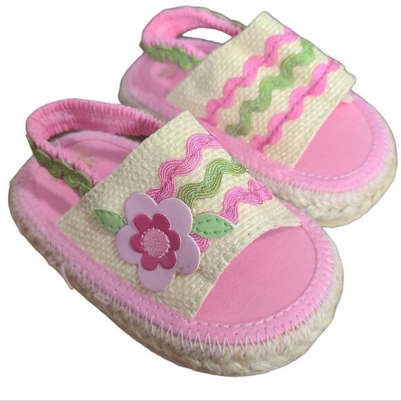 Baby Sandals Jute Floral Rick-Rack Fabric sz NB - 2 - Picture 1 of 13